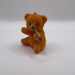 Vintage Plush Teddy Bear Ornament With Brass Horn & Red Bow 2.5"